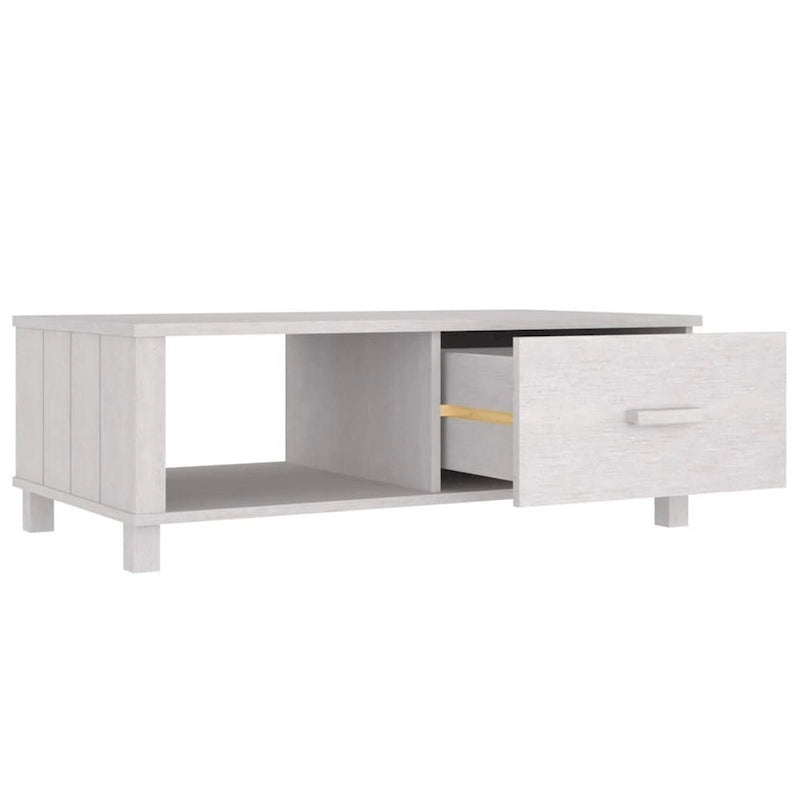 Table basse rectangulaire avec tiroir de rangement et étagère ouverte, blanche