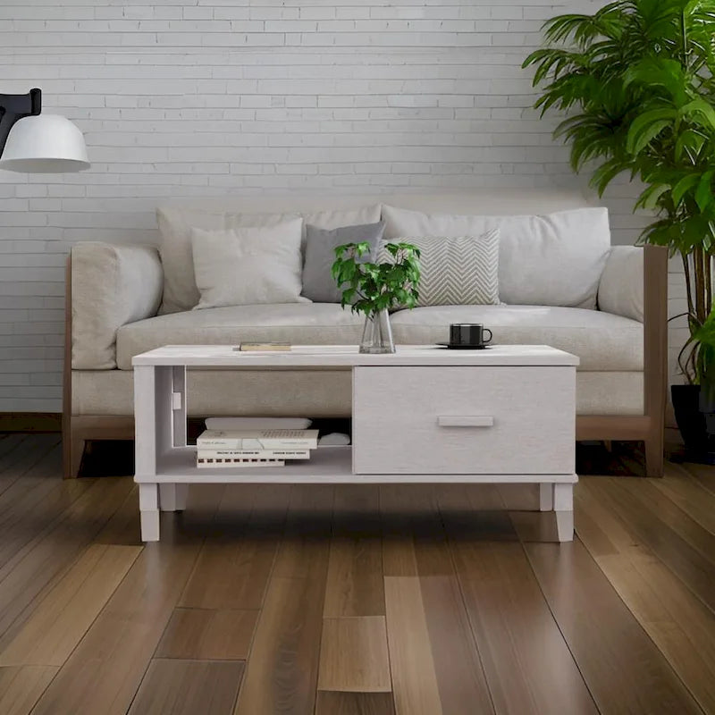 Table basse rectangulaire avec tiroir de rangement et étagère ouverte, blanche