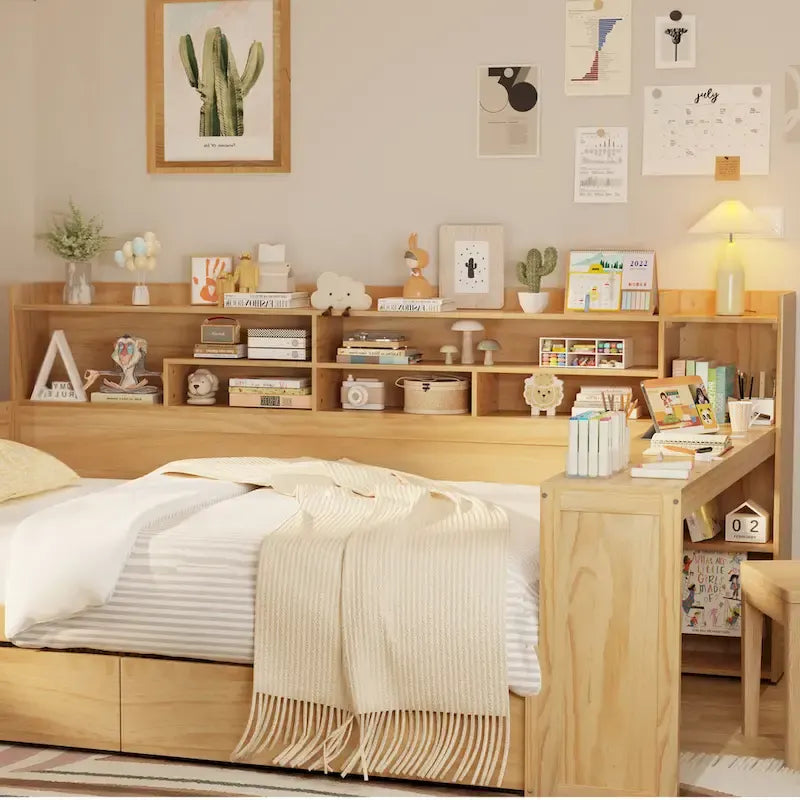 Lit de repos multifonctionnel avec étagères de rangement, deux tiroirs et bureau intégré