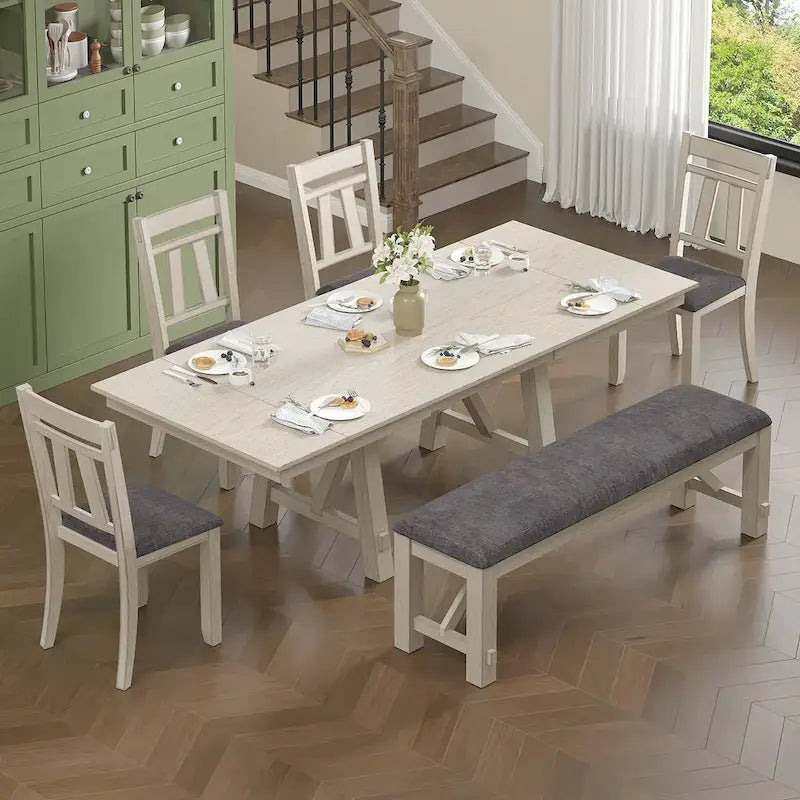 Ensemble table de salle à manger extensible avec banc et chaises, en bois massif