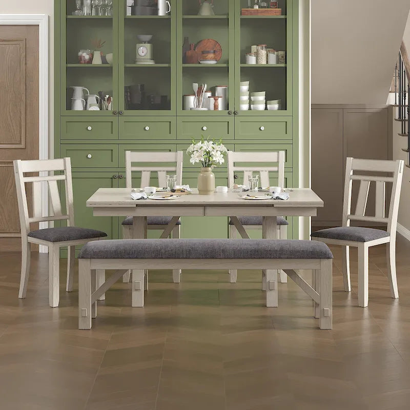 Ensemble table de salle à manger extensible avec banc et chaises, en bois massif