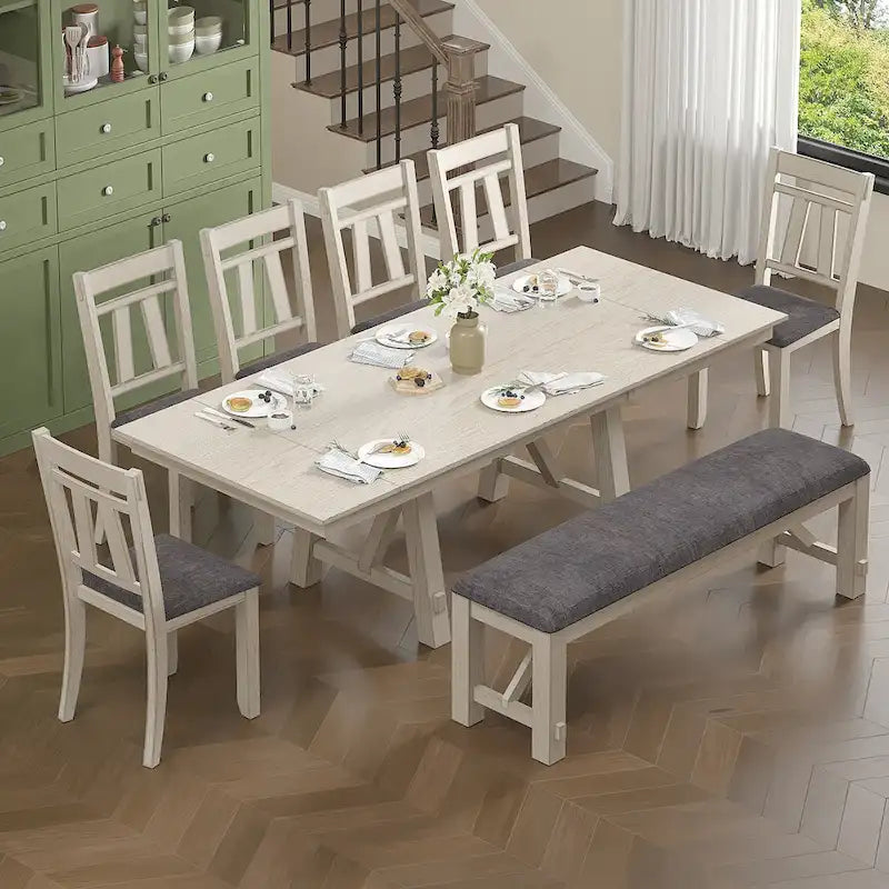 Ensemble table de salle à manger extensible avec banc et chaises, en bois massif