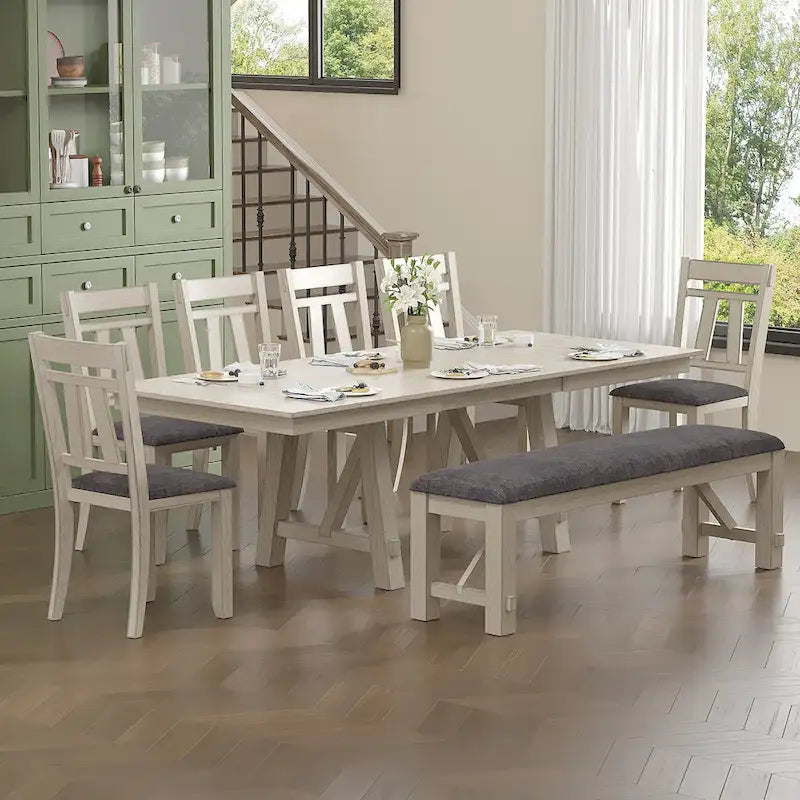 Ensemble table de salle à manger extensible avec banc et chaises, en bois massif
