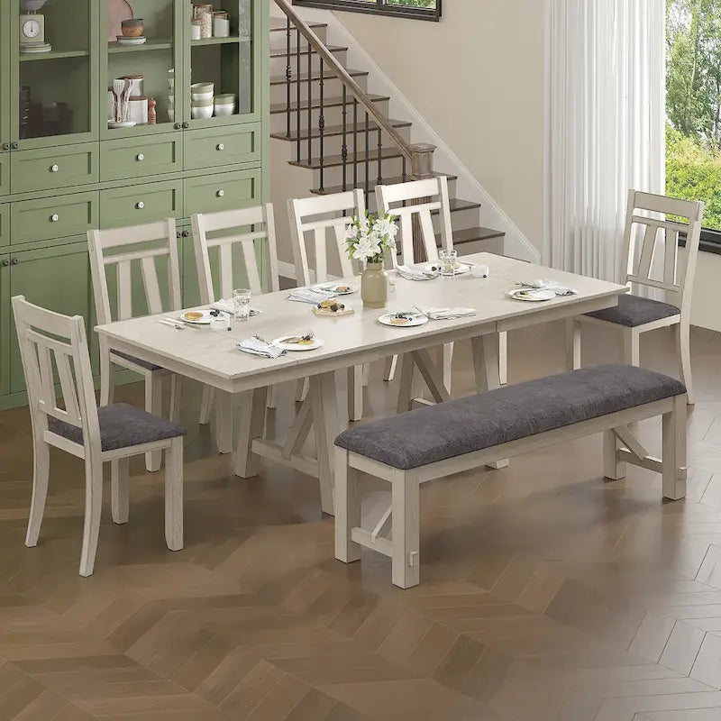 Ensemble table de salle à manger extensible avec banc et chaises, en bois massif