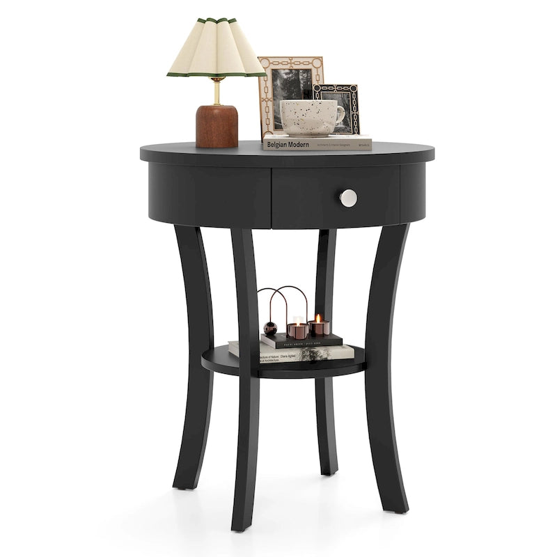 Table d'appoint ronde à 2 niveaux avec tiroir et étagère ouverte