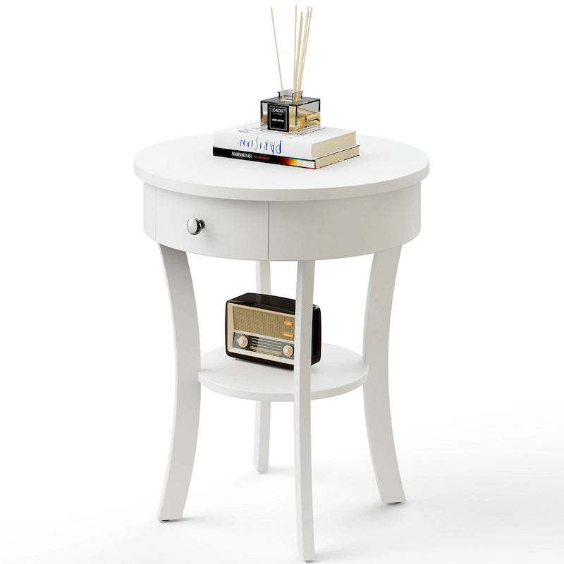Table d'appoint ronde à 2 niveaux avec tiroir et étagère ouverte