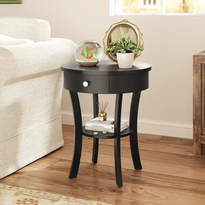 Table d'appoint ronde à 2 niveaux avec tiroir et étagère ouverte