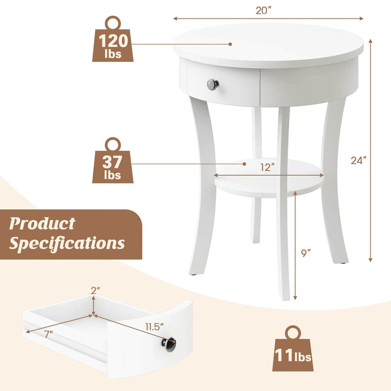 Table d'appoint ronde à 2 niveaux avec tiroir et étagère ouverte