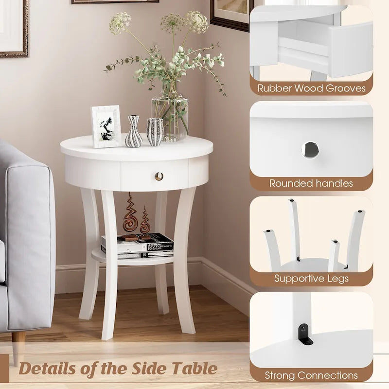 Table d'appoint ronde à 2 niveaux avec tiroir et étagère ouverte