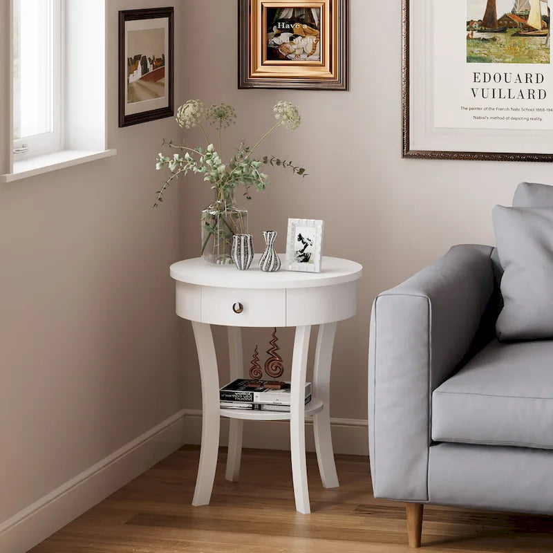Table d'appoint ronde à 2 niveaux avec tiroir et étagère ouverte