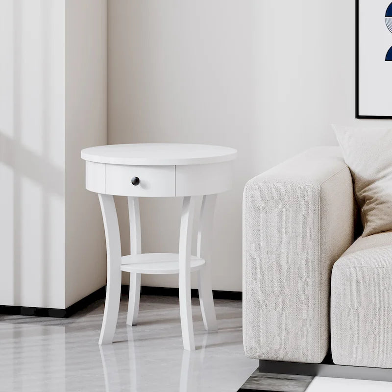 Table d'appoint ronde à 2 niveaux avec tiroir et étagère ouverte