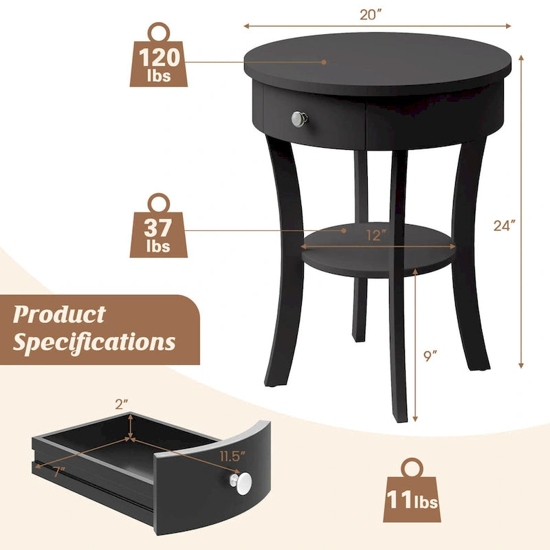 Table d'appoint ronde à 2 niveaux avec tiroir et étagère ouverte
