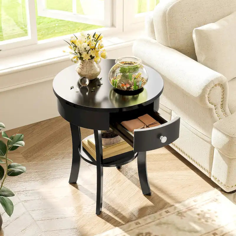 Table d'appoint ronde à 2 niveaux avec tiroir et étagère ouverte