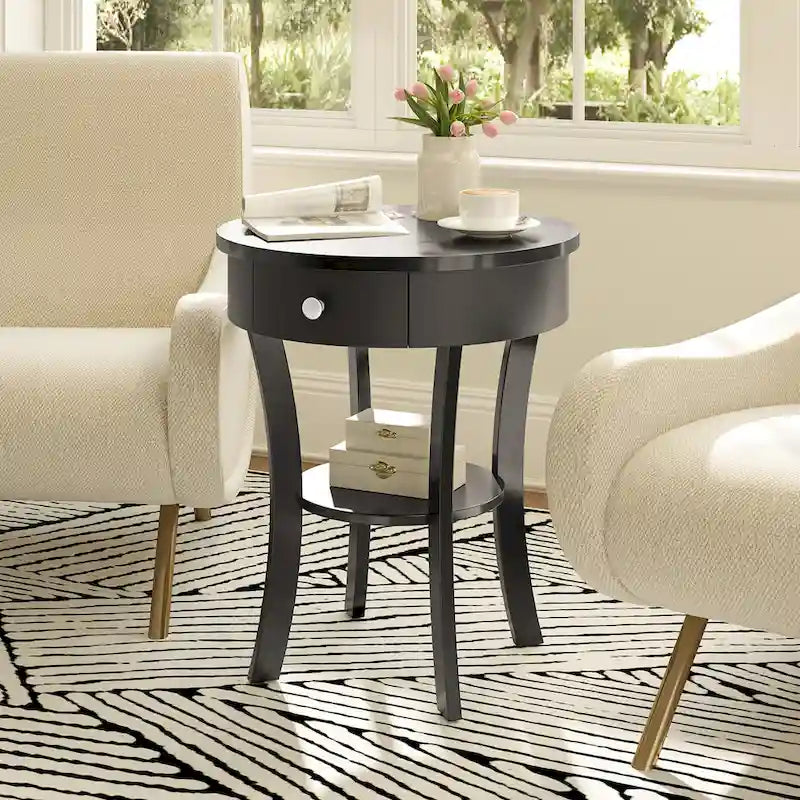 Table d'appoint ronde à 2 niveaux avec tiroir et étagère ouverte