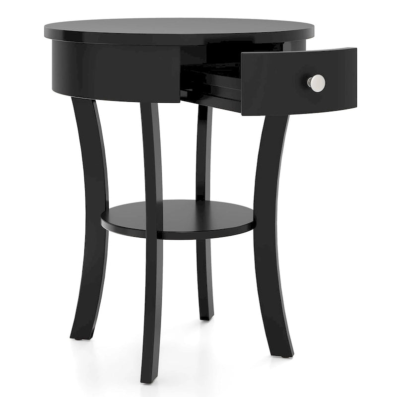Table d'appoint ronde à 2 niveaux avec tiroir et étagère ouverte