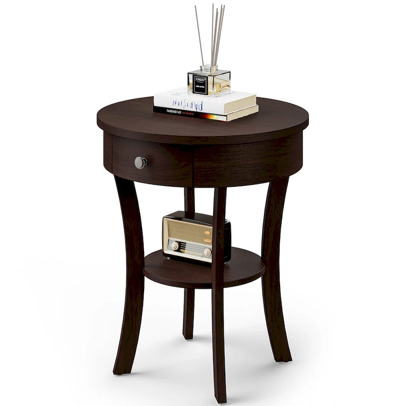 Table d'appoint ronde à 2 niveaux avec tiroir et étagère ouverte