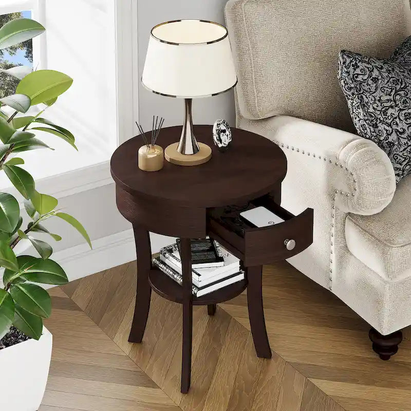 Table d'appoint ronde à 2 niveaux avec tiroir et étagère ouverte