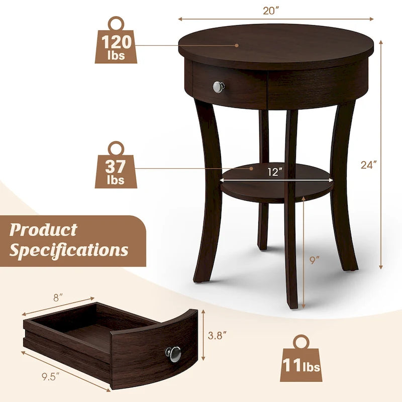 Table d'appoint ronde à 2 niveaux avec tiroir et étagère ouverte
