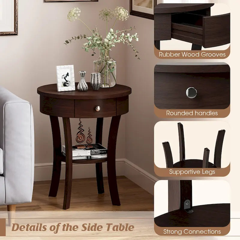 Table d'appoint ronde à 2 niveaux avec tiroir et étagère ouverte