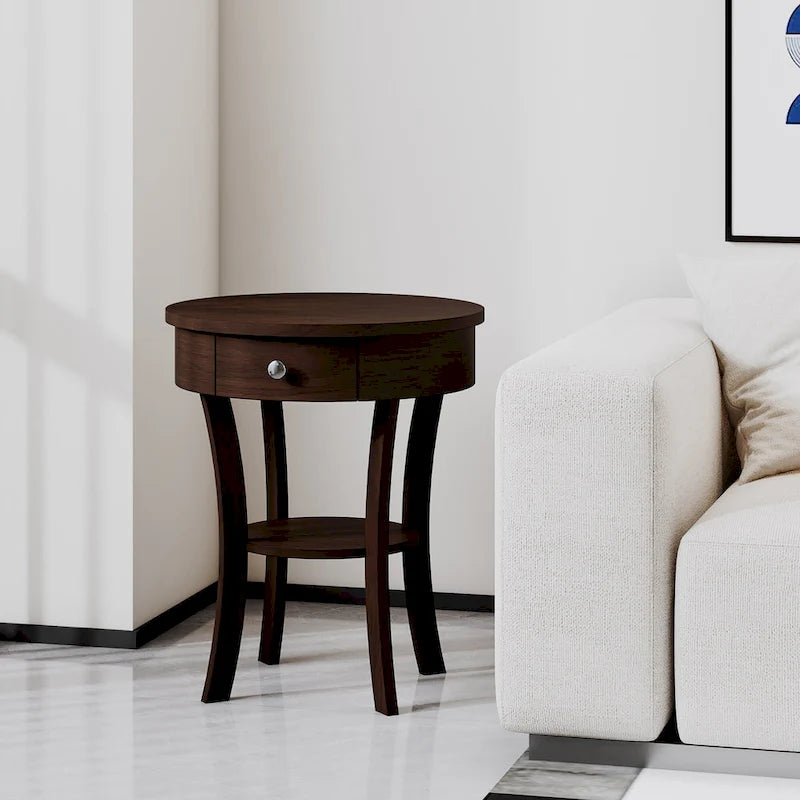 Table d'appoint ronde à 2 niveaux avec tiroir et étagère ouverte