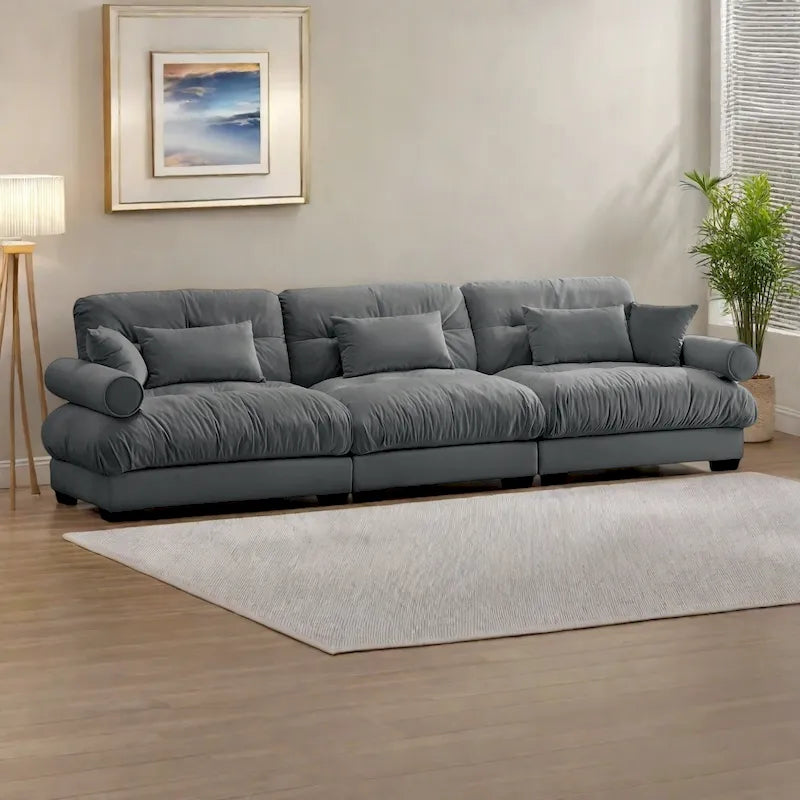 Canapé modulaire 5 places en velours avec coussins sectionnels et accoudoirs à traversin