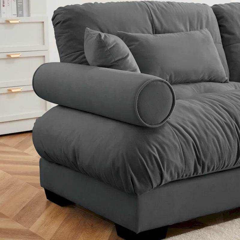 Canapé modulaire 5 places en velours avec coussins sectionnels et accoudoirs à traversin