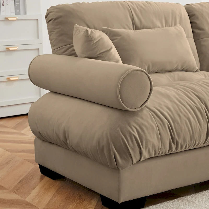 Canapé modulaire 5 places en velours avec coussins sectionnels et accoudoirs à traversin