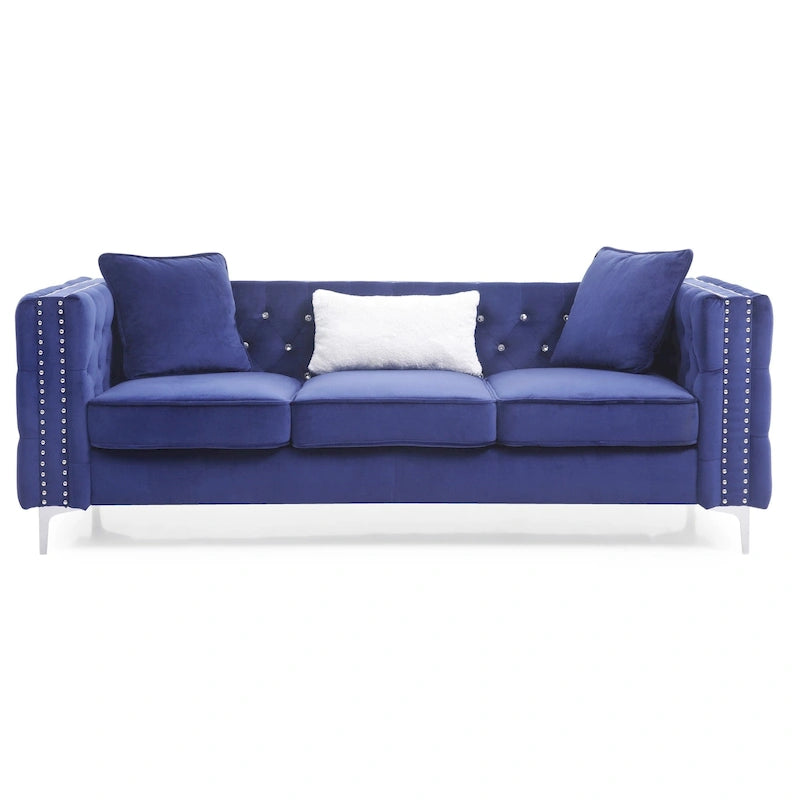 Canapé 3 places en velours capitonné de 86 po avec 2 coussins décoratifs – 86L x 34W x 30H