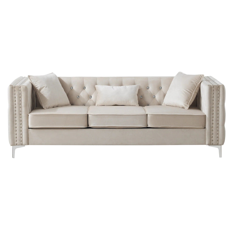 Canapé 3 places en velours capitonné de 86 po avec 2 coussins décoratifs – 86L x 34W x 30H