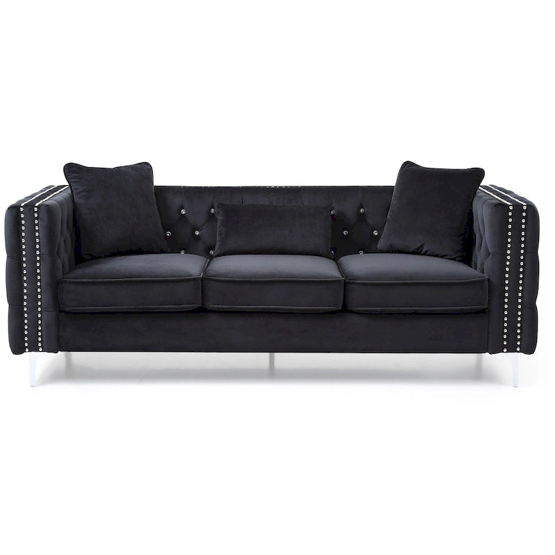Canapé 3 places en velours capitonné de 86 po avec 2 coussins décoratifs – 86L x 34W x 30H