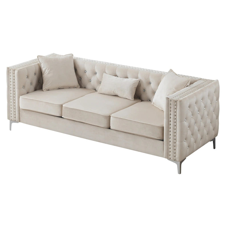 Canapé 3 places en velours capitonné de 86 po avec 2 coussins décoratifs – 86L x 34W x 30H