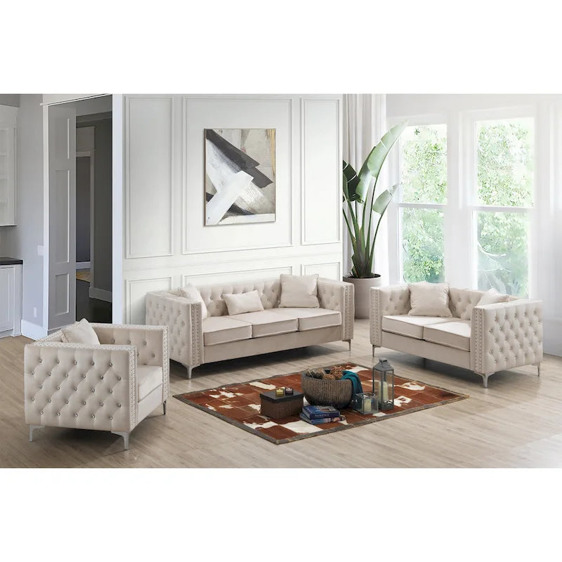 Canapé 3 places en velours capitonné de 86 po avec 2 coussins décoratifs – 86L x 34W x 30H