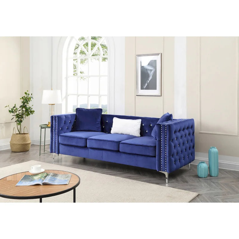 Canapé 3 places en velours capitonné de 86 po avec 2 coussins décoratifs – 86L x 34W x 30H