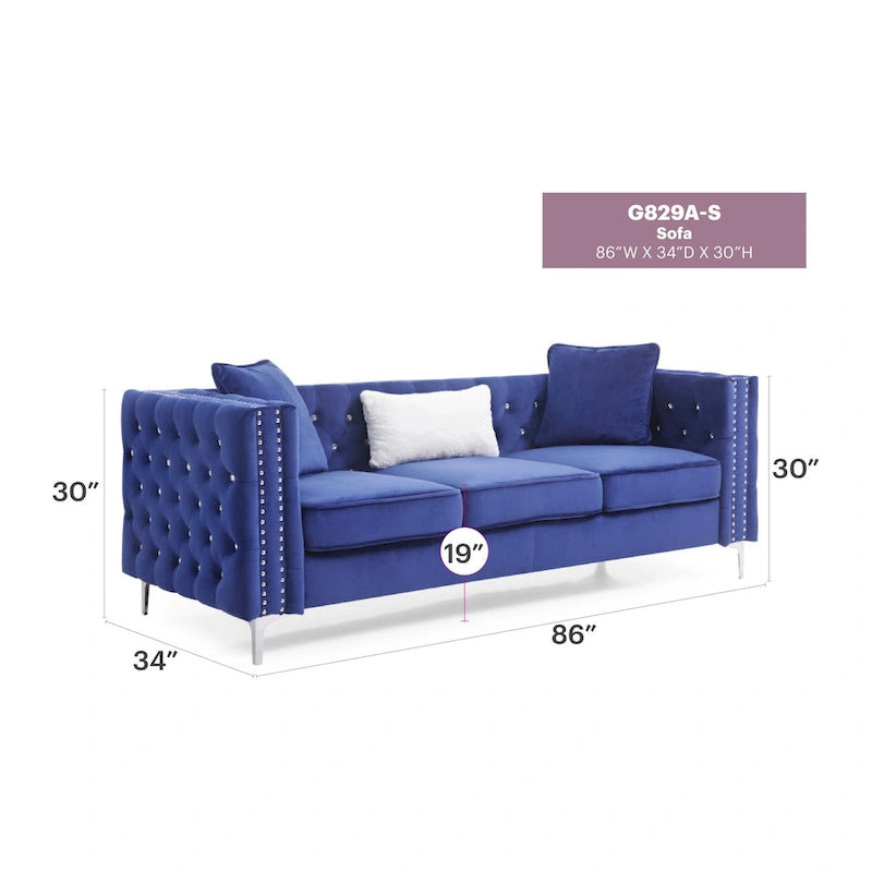 Canapé 3 places en velours capitonné de 86 po avec 2 coussins décoratifs – 86L x 34W x 30H