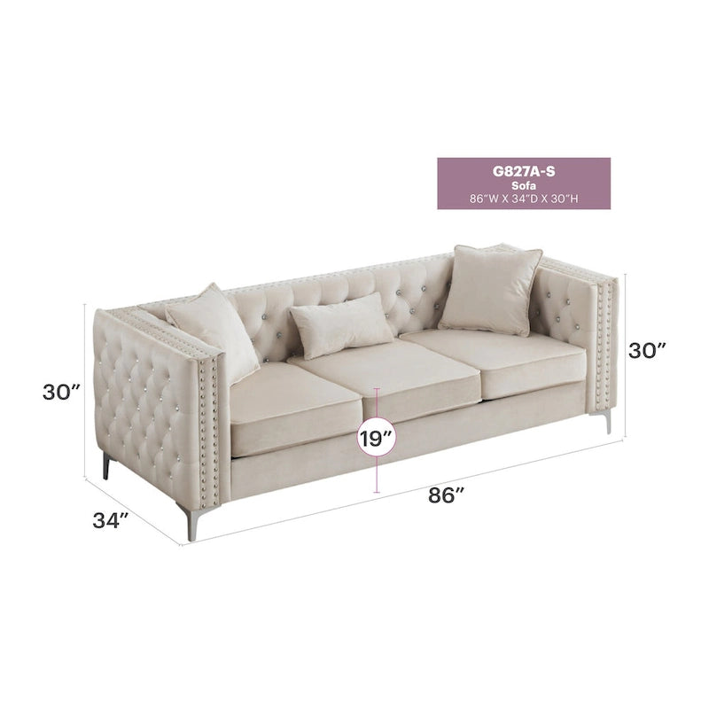 Canapé 3 places en velours capitonné de 86 po avec 2 coussins décoratifs – 86L x 34W x 30H