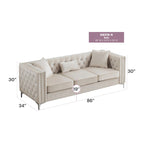 Canapé 3 places en velours capitonné de 86 po avec 2 coussins décoratifs – 86L x 34W x 30H