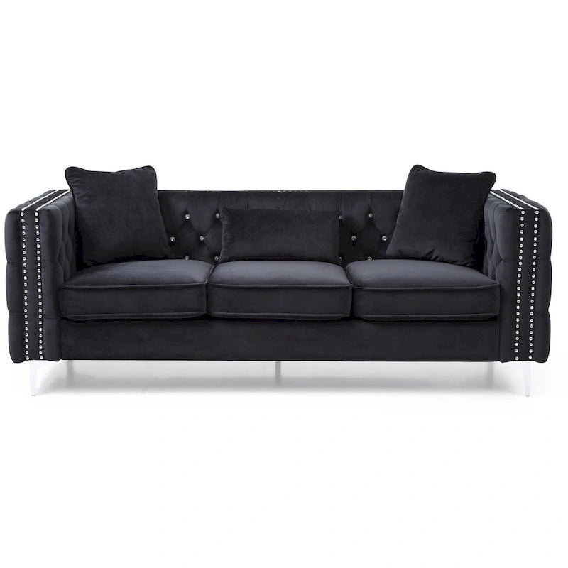 Canapé 3 places en velours capitonné de 86 po avec 2 coussins décoratifs – 86L x 34W x 30H