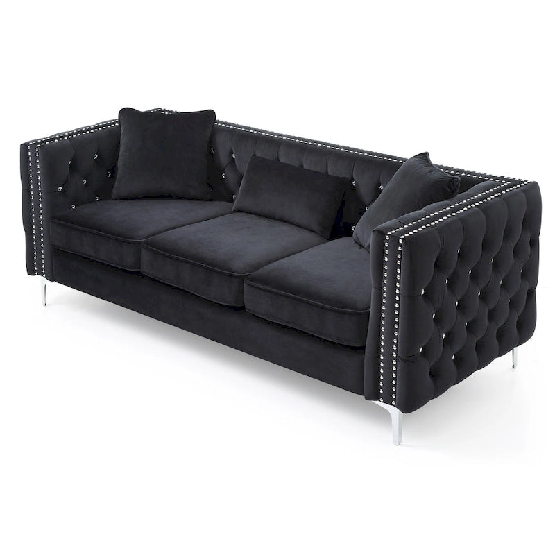 Canapé 3 places en velours capitonné de 86 po avec 2 coussins décoratifs – 86L x 34W x 30H