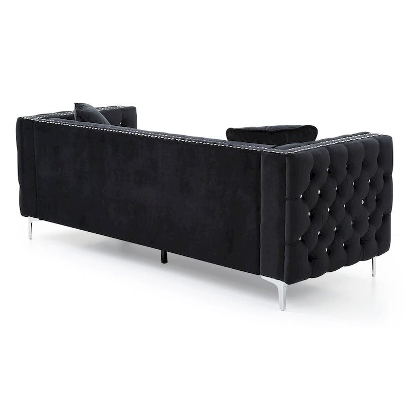 Canapé 3 places en velours capitonné de 86 po avec 2 coussins décoratifs – 86L x 34W x 30H