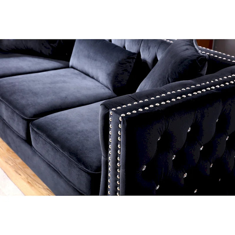 Canapé 3 places en velours capitonné de 86 po avec 2 coussins décoratifs – 86L x 34W x 30H