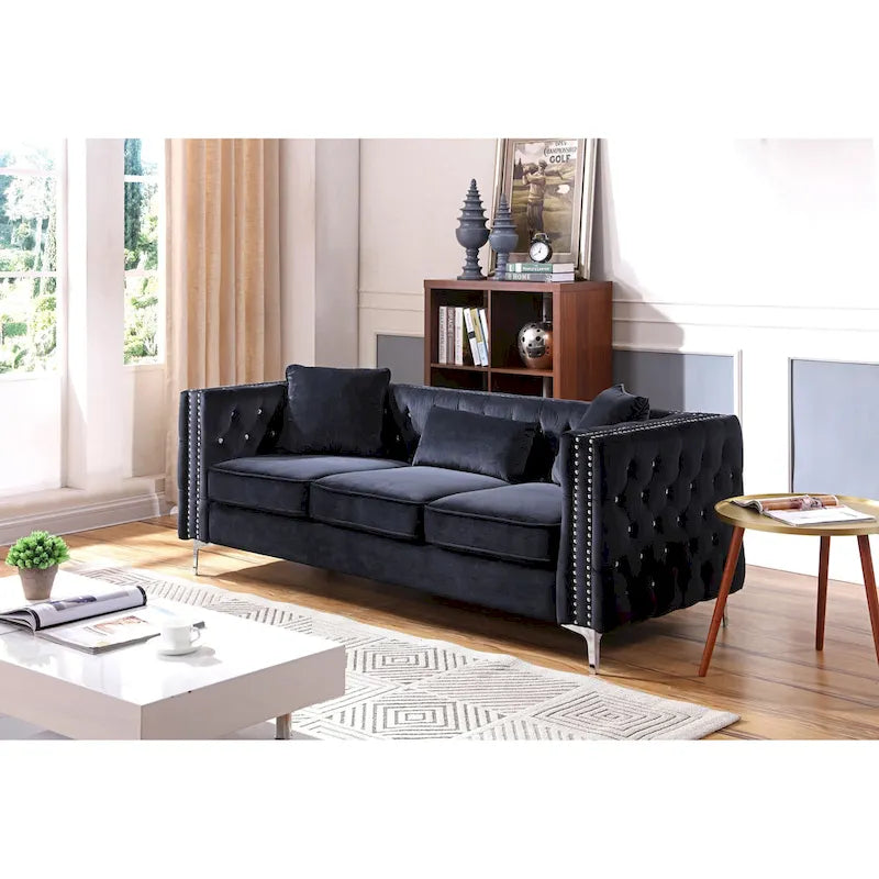 Canapé 3 places en velours capitonné de 86 po avec 2 coussins décoratifs – 86L x 34W x 30H