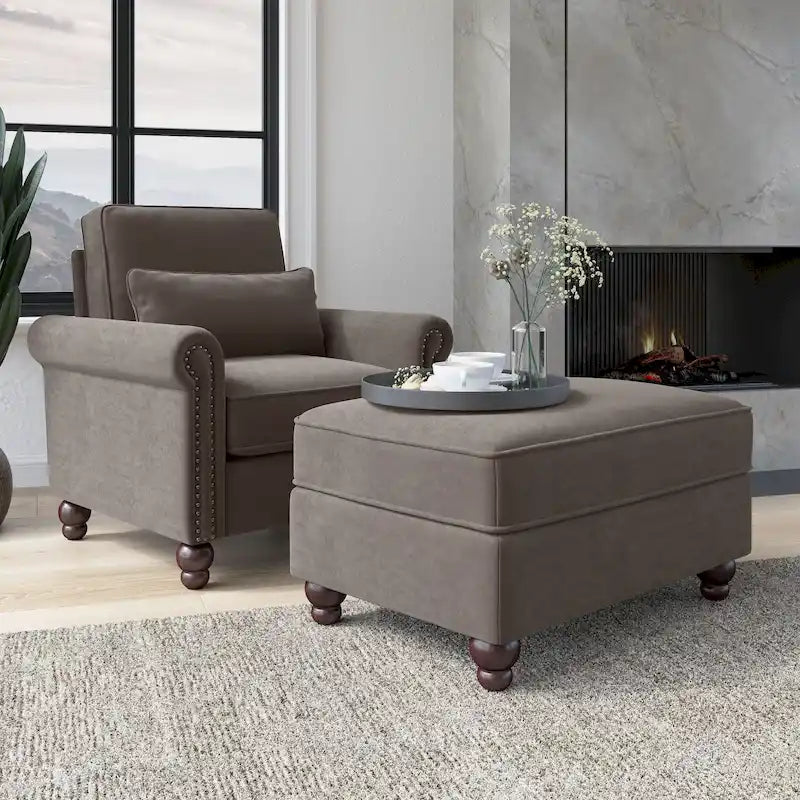 Fauteuil d'appoint avec pouf de rangement et oreiller lombaire