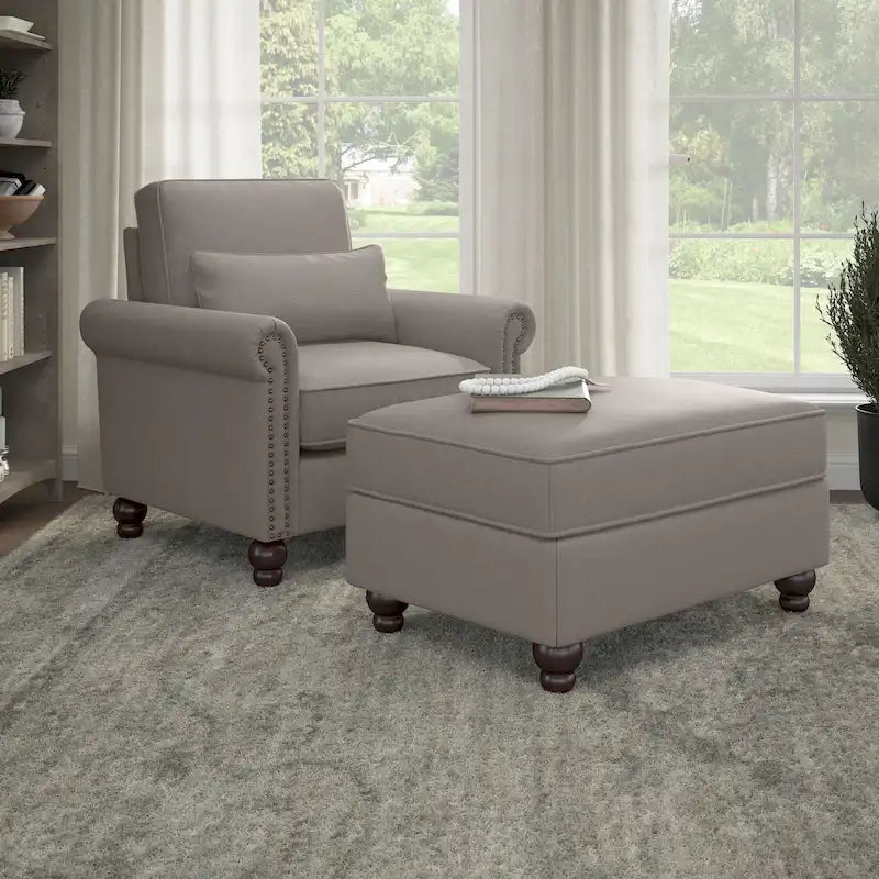 Fauteuil d'appoint avec pouf de rangement et oreiller lombaire