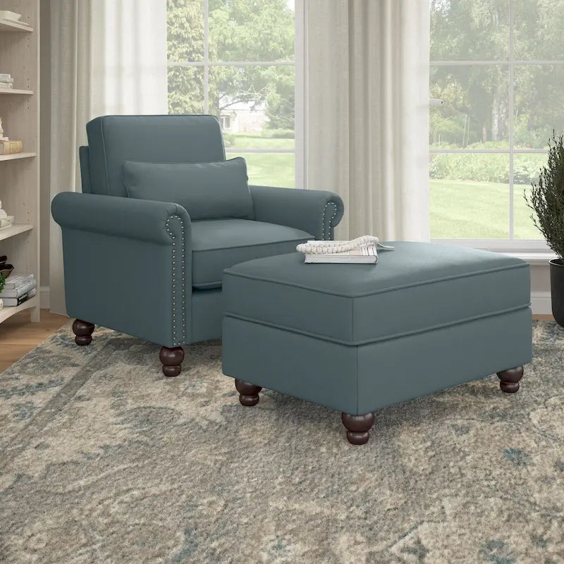 Fauteuil d'appoint avec pouf de rangement et oreiller lombaire
