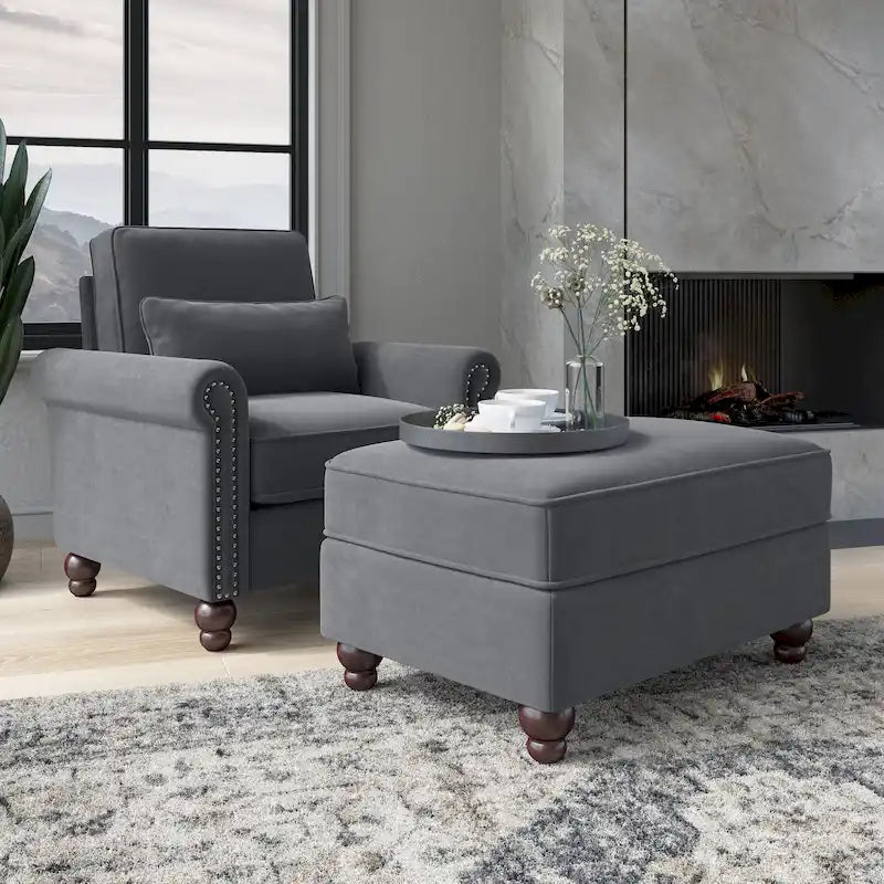 Fauteuil d'appoint avec pouf de rangement et oreiller lombaire