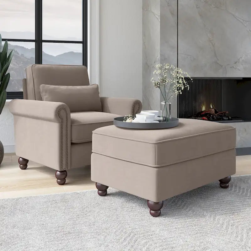 Fauteuil d'appoint avec pouf de rangement et oreiller lombaire