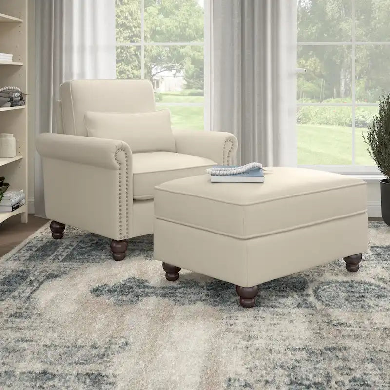 Fauteuil d'appoint avec pouf de rangement et oreiller lombaire
