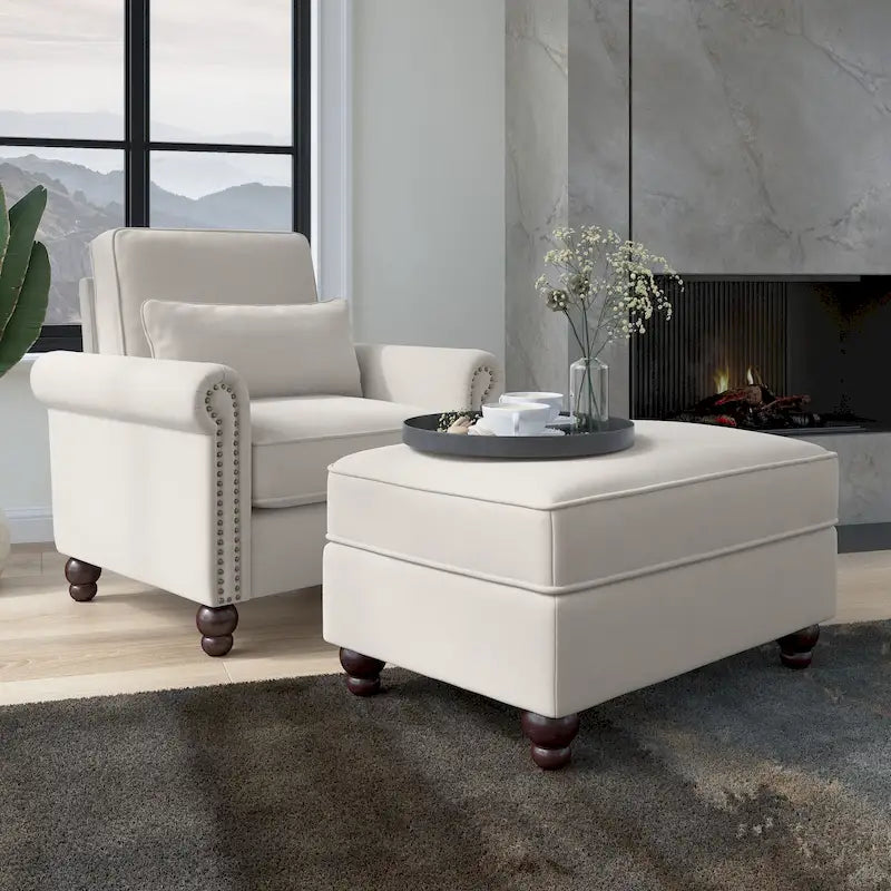 Fauteuil d'appoint avec pouf de rangement et oreiller lombaire