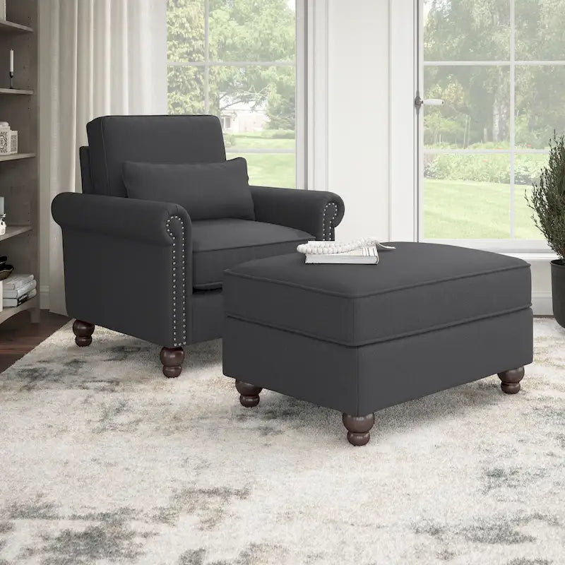 Fauteuil d'appoint avec pouf de rangement et oreiller lombaire