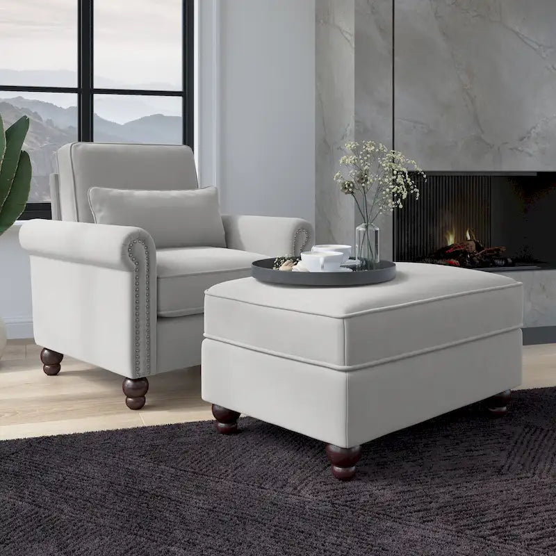 Fauteuil d'appoint avec pouf de rangement et oreiller lombaire